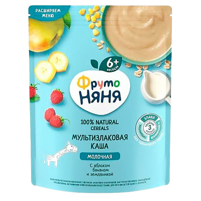 Каша молочная мультизлаковая с яблоком бананом земляникой 200 г от 6 месяцев ФрутоНяня 90555 1